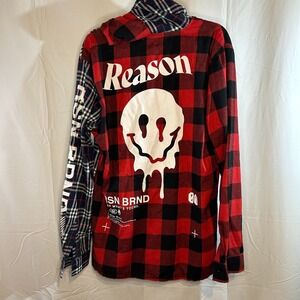 Reason Plaid Colorblock Flannel Hoodie Shirt XL Dripping Smiley Face Graphic 90s